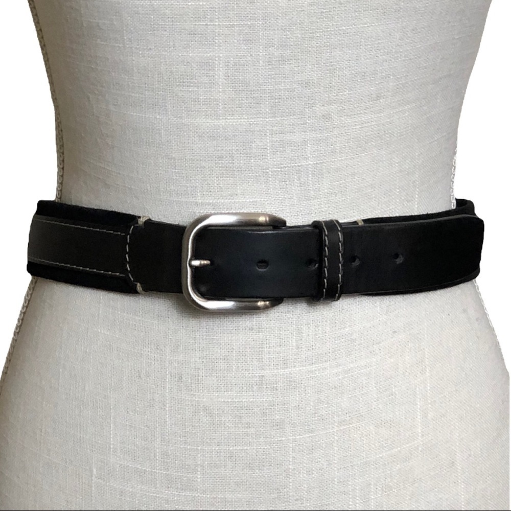 FACONNABLE Men’s Black Leather Suede Belt Solid Brass Belt Buckle Size 32